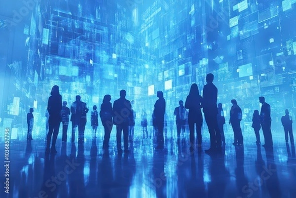 Fototapeta Silhouettes of people stand in a futuristic, digital space.