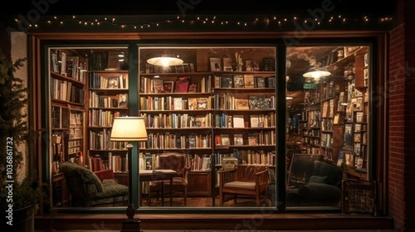Fototapeta A cozy bookstore window showcasing a selection of books and literary-themed items. 