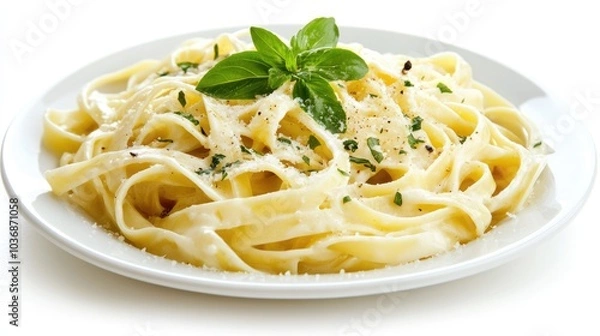 Obraz Creamy Pasta Dish Served on White Plate