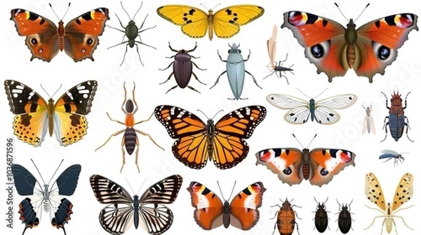 Fototapeta Butterflies_and_insects_of_various_forms_on_a_white