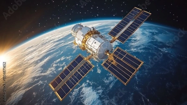 Fototapeta Satellite orbiting Earth with solar panels deployed.