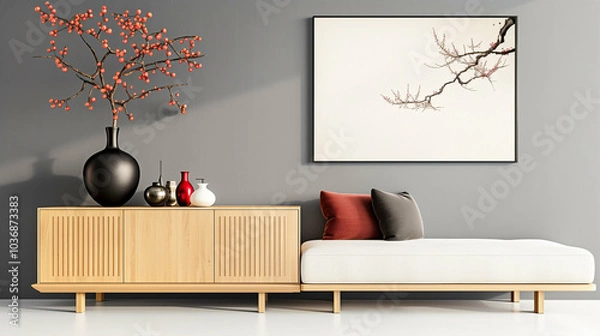 Fototapeta Furniture with modern decor in stylish living room featuring elegant design elements and minimalist aesthetic