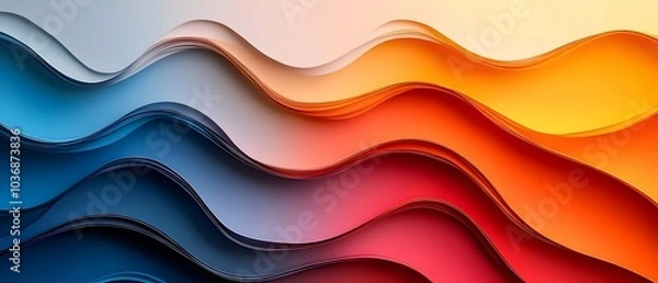 Fototapeta Abstract design featuring flowing waves in shades of blue, orange, and gray, creating a dynamic and vibrant visual effect that evokes movement and energy.