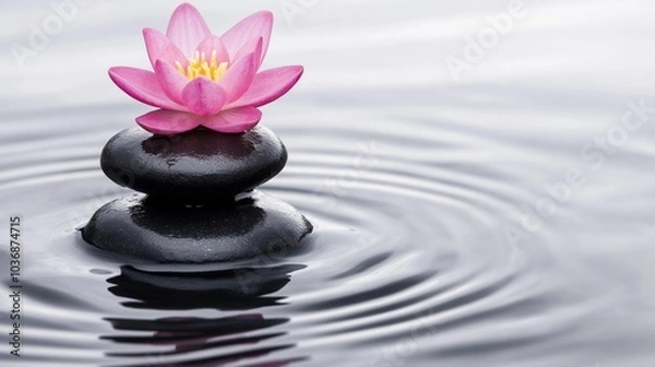 Fototapeta A pink lotus flower resting on stacked black zen stones in the middle of calm water, creating ripples, symbolizing peace, balance, and serenity in a tranquil, meditative environment
