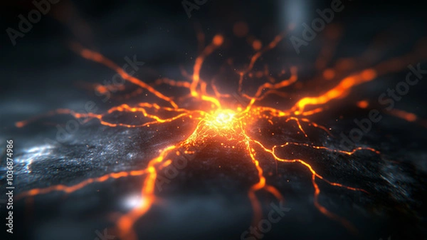 Obraz vibrant explosion of molten lava radiates energy, showcasing fiery orange and red hues against dark, textured background. dynamic patterns evoke sense of power and intensity
