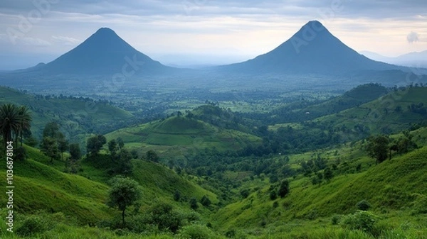 Fototapeta Scenic view of twin volcanic mountains in green landscape.
