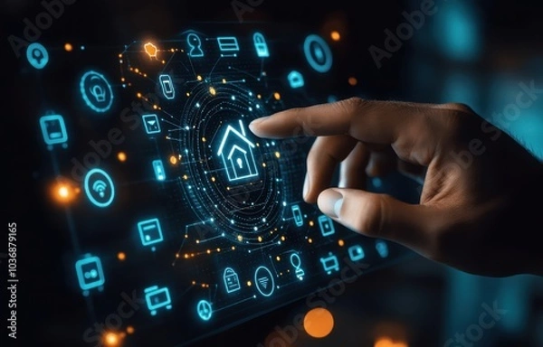 Fototapeta Businessman interacting with smart home technology interface illustrating modern digital innovation and futuristic connection