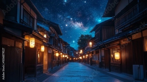 Obraz A calming view of a Japanese street at night, illuminated by delicate lanterns casting warm light on wooden facades, under a vast starry sky that enhances the magical mood.