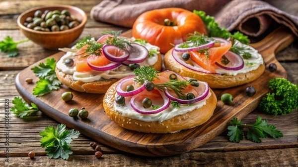 Fototapeta Delicious smoked salmon and bagel platter arranged with generous helping of cream cheese, capers, thinly sliced red onion, and fresh parsley on a rustic wooden board.