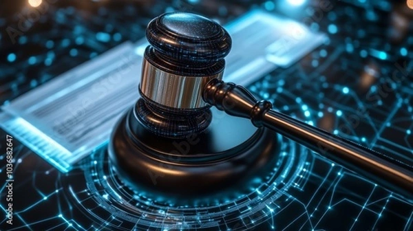 Fototapeta Digital Justice Concept with Gavel and Technology Background