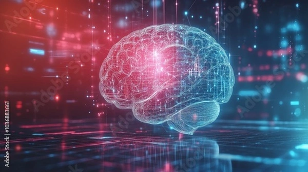 Obraz A conceptual image of a human brain surrounded by digital lines and computer graphics, representing AI deep learning and business analytics, with a futuristic, cyber-inspired background.