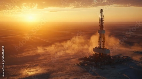 Obraz A majestic oil derrick standing tall in the heart of an expansive desert