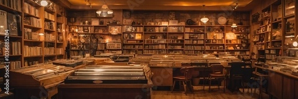 Obraz Cozy retro record shop interior with floor-to-ceiling wooden shelves, vintage posters, and warm ambient lighting casting a golden glow on vinyl album covers in a nostalgic vinyl haven.