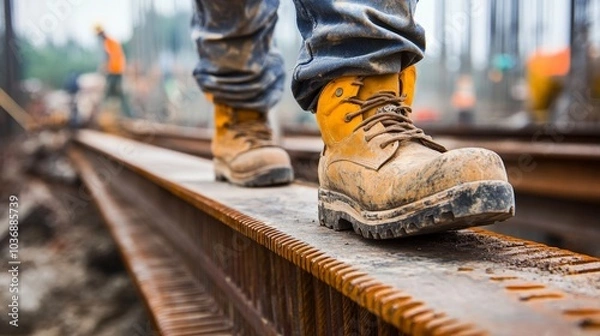 Fototapeta A detailed view of safety boots stepping carefully across a steel beam, with the gritty textures of the construction site visible, emphasizing safety and precision.