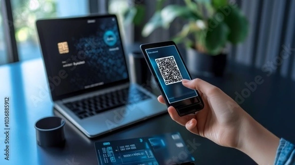 Fototapeta Person Scanning QR Code with Laptop in Modern Workspace