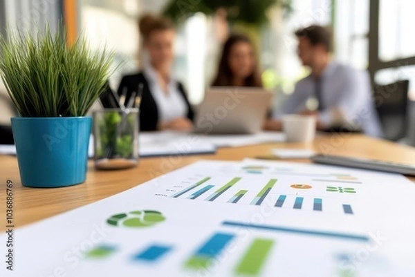 Fototapeta A modern workspace with documents, charts, and a plant, showcasing teamwork and productivity in a business environment.