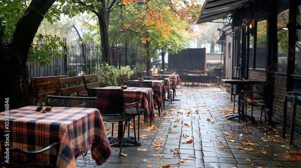 Obraz A cozy café terrace with a folded plaid blanket on the table, ready for customers.