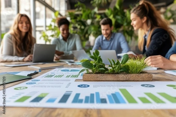 Obraz Professional team collaborating on financial reports surrounded by greenery in an office setting.