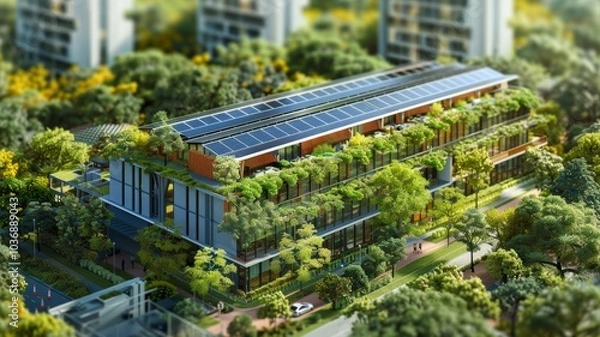 Fototapeta Eco-Friendly High-Rise Under Construction with Green Walls and Solar Panels.