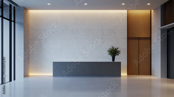 Fototapeta Modern reception area with minimalistic design, featuring a sleek counter, stylish lighting, and a decorative plant against a neutral wall.