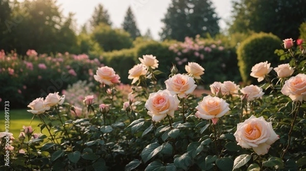 Fototapeta Serene Garden Scene Featuring Blooming Peach and Red Roses Under Soft Sunlight