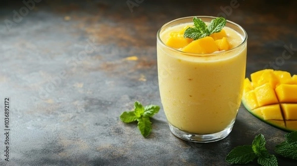 Fototapeta A chilled glass of mango lassi garnished with fresh mint leaves on a textured background, offering a refreshing taste of India. Copy space