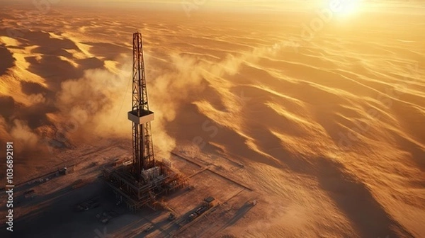 Obraz A majestic oil derrick standing tall in the heart of an expansive desert