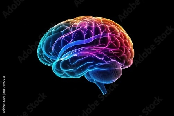 Fototapeta anatomical brain emitting waves of colored lines, front view