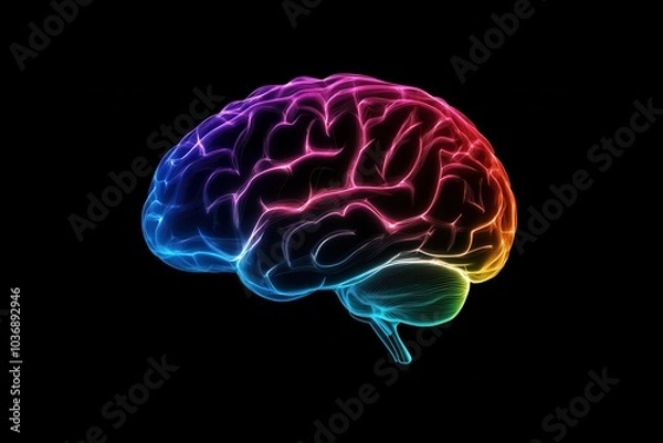 Obraz anatomical brain emitting waves of colored lines, front view