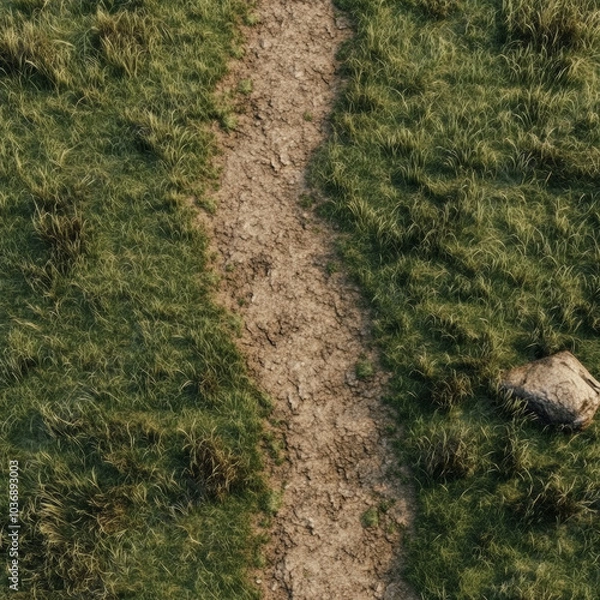 Fototapeta Top down high angle view long dirt path on dirt plain grass
