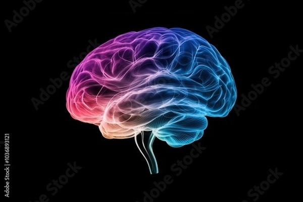 Fototapeta anatomical brain emitting waves of colored lines, front view