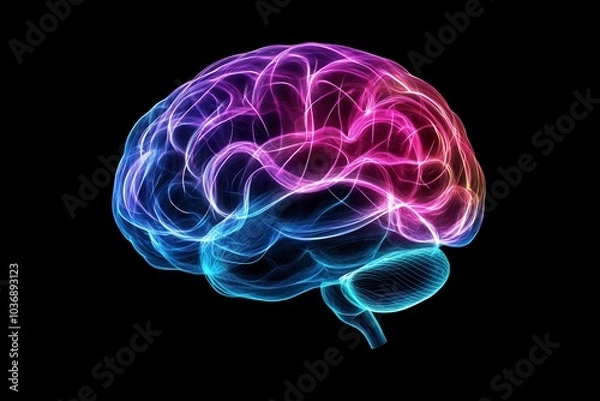 Obraz anatomical brain emitting waves of colored lines, front view