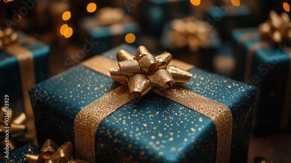 Obraz Stunning Christmas gift scene featuring a beautifully wrapped deep green presents adorned with a golden bows, perfect for holiday, winter celebrations, festive marketing, and social media content