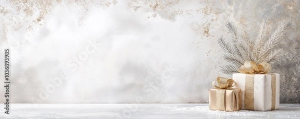 Obraz Stunning minimalist Christmas scene featuring elegantly wrapped gifts against a soft, textured background with copy space, ideal for modern holiday banners, marketing and seasonal social media posts