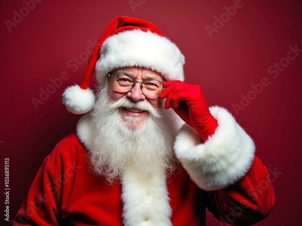 Fototapeta Smiling Santa Claus in a red suit and hat, posing cheerfully against a vibrant background during the festive season