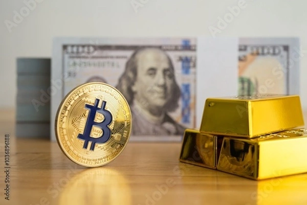 Obraz Bitcoin, gold bar and US dollar banknotes on wooden table with white wall background. What is better money? Fiat currency, Gold or Bitcoin cryptocurrency. Economy, financial and investment concept.