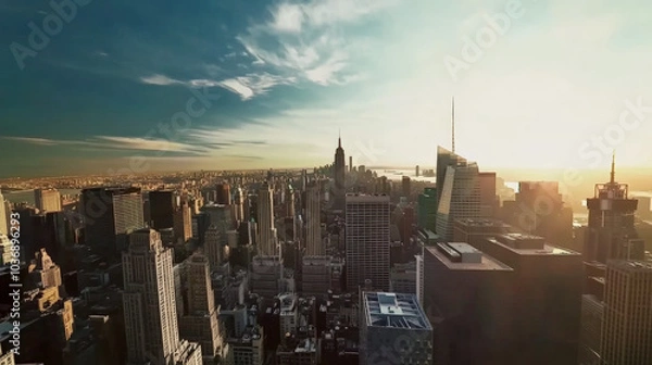Fototapeta Urban skyline photo, Wide-angle shot at dusk or dawn, capturing a modern cityscape with tall, sleek buildings. 