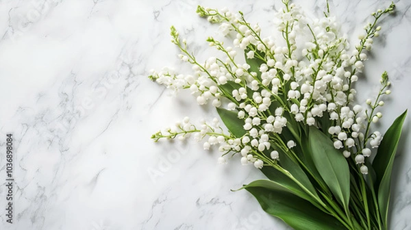 Fototapeta Cluster of Lily of the Valley flowers with vibrant green leaves on a light gray background,Summer spring bouquet with white forest lilies of valley