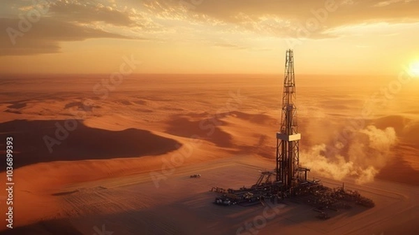 Obraz A majestic oil derrick standing tall in the heart of an expansive desert