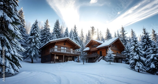 Fototapeta Wooden chalet in sunny winter forest with snow cover. Country house made of wood in natural area covered with fresh snow. Idea for Christmas holidays.