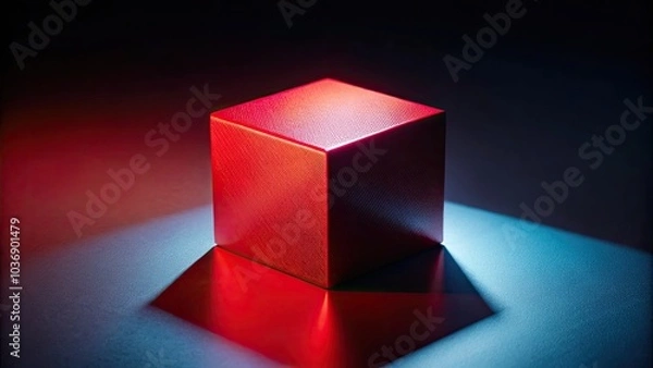 Fototapeta Stunning Low Light Photography of a 3D Red Cube on a Dark Background, Emphasizing Shadows and Highlights for Artistic Depth and Visual Impact, Ideal for Abstract Art and Design Concepts