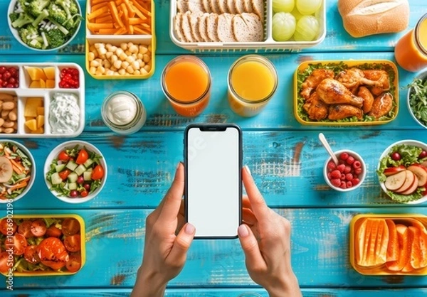 Obraz Person Holding an iPhone Surrounded by Delicious Lunch Boxes and Food.
