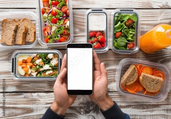 Obraz Person Holding iPhone Over Vibrant Lunch Boxes and Refreshing Juice.