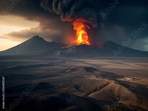 Fototapeta Landscape with volcanic eruption, lava flows and a large column of grey smoke..