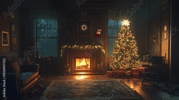 Obraz Dark living room filled with holiday charm featuring a glowing Christmas tree and a crackling fireplace