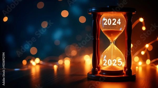 Fototapeta Illuminated hourglass with transition from 2024 to 2025