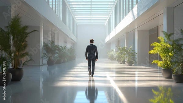 Fototapeta Silhouette of a man financier think about something while standing near office window background with copy space for your text message or advertising content, young male thoughtful rest after briefing
