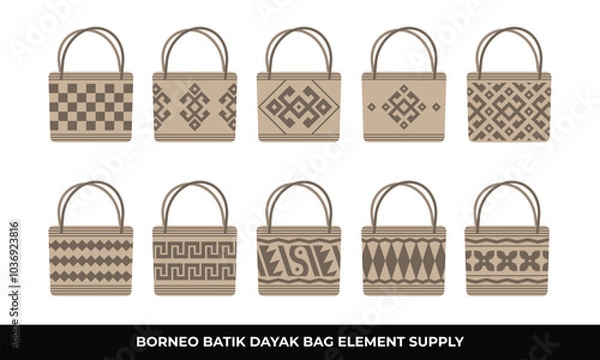 Fototapeta Ten borneo dayak bags with different patterned designs.