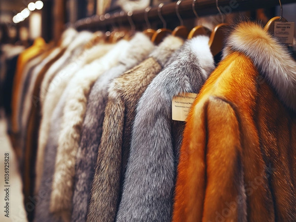 Fototapeta Luxurious fur coats on display in a boutique