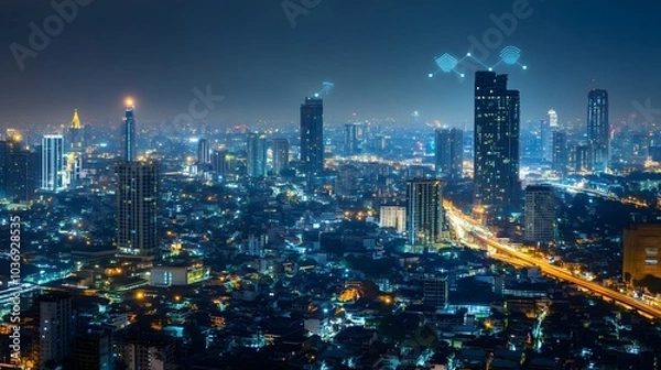 Obraz Wireless network and Connection technology concept with Abstract Bangkok city background in panorama view. 